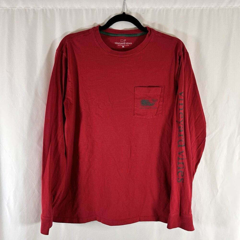 Vineyard Vines Shirt Men's Medium Red Long Sleeve Green Whale Crew Neck